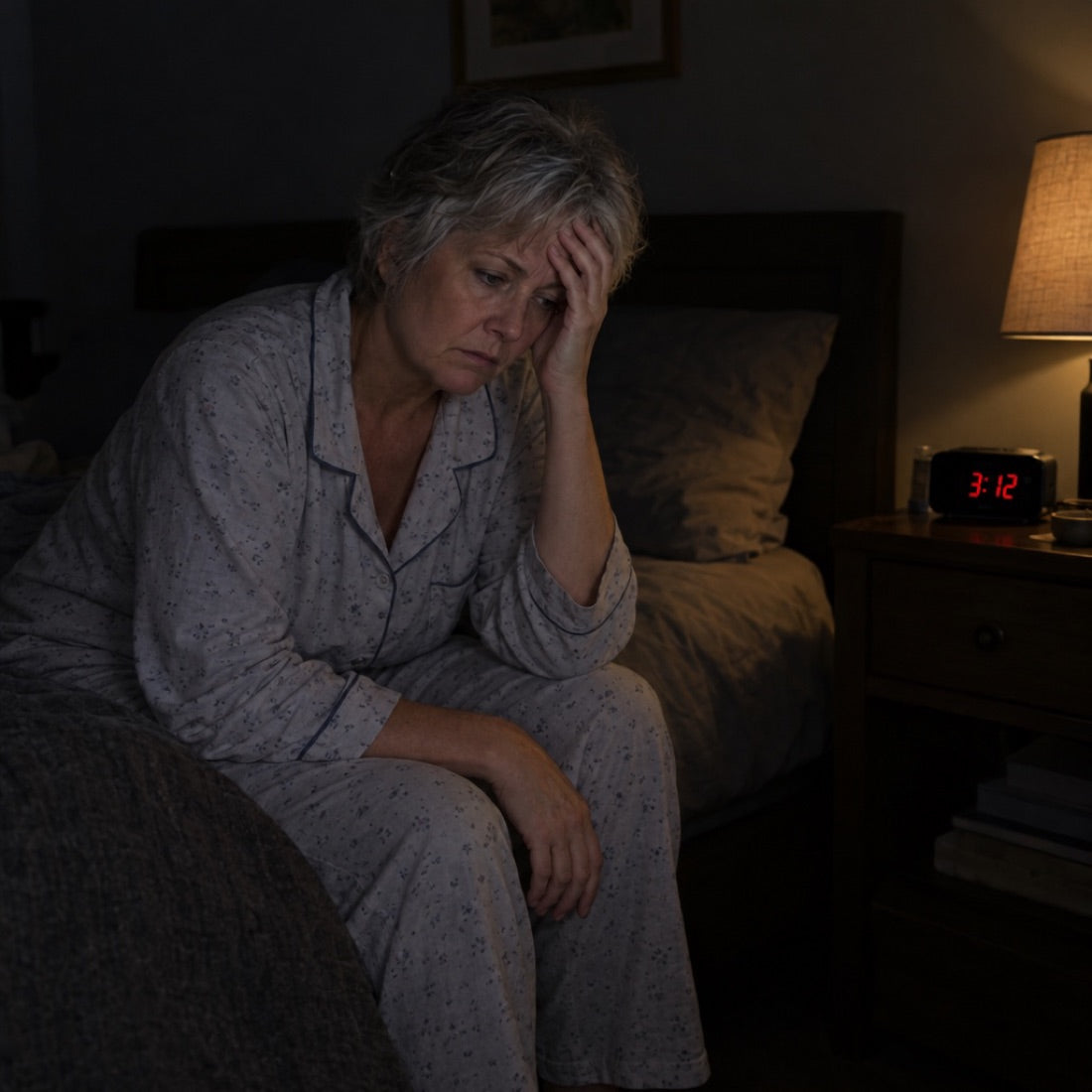 Mujer despierta de noche sentada en la cama