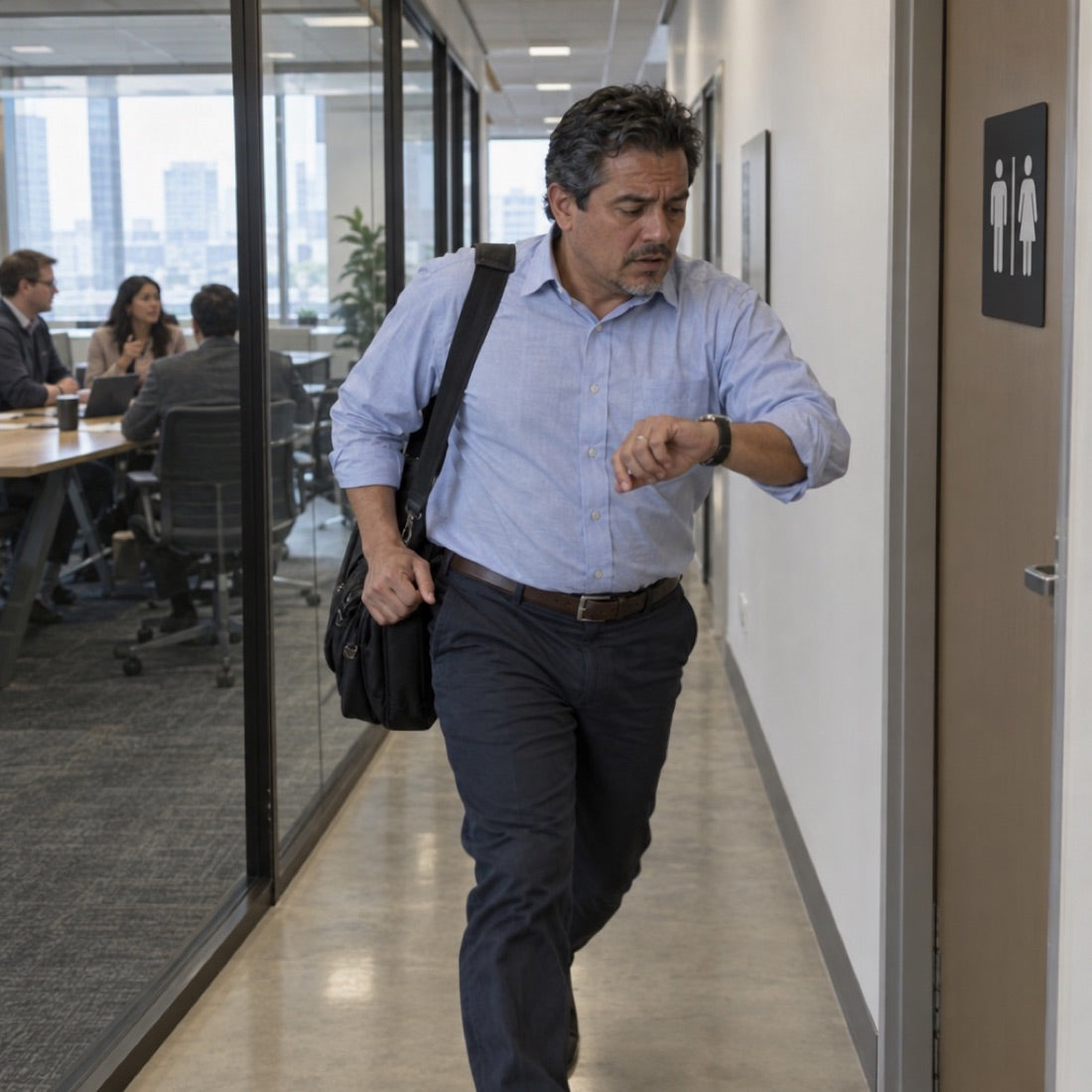 Hombre saliendo apurado de una reunión
